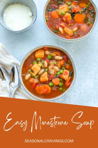 Two bowls of minestrone soup with vegetables and beans are placed on a table alongside a small bowl of grated cheese, two spoons, and a striped napkin. Text at the bottom reads "Easy Minestrone Soup.