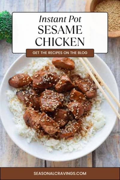 A plate of Instant Pot sesame chicken served on white rice with a pair of chopsticks on the side. The meal is garnished with sesame seeds and accompanied by a small piece of broccoli, showcasing an effortlessly delicious and time-saving recipe.