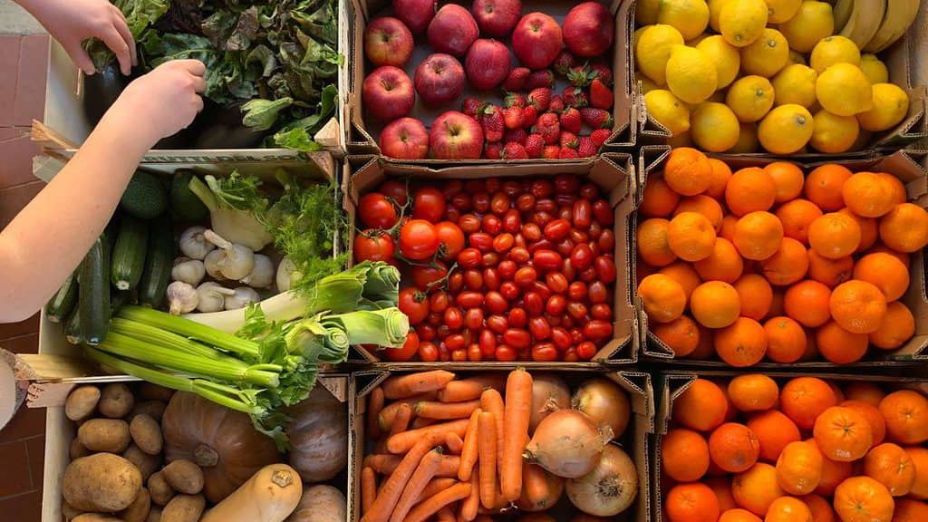 baskets of fruits and vegetables