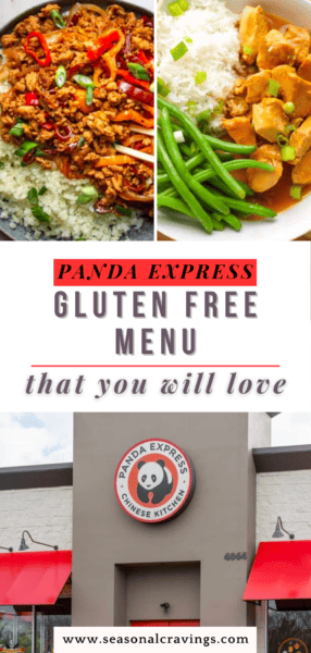 Split image of two gluten-free dishes from Panda Express with green beans and rice, accompanied by restaurant exterior. Text reads: "Panda Express Gluten-Free Menu that you will love.