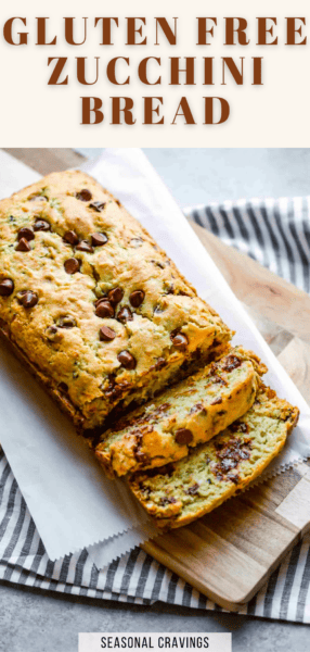 A loaf of gluten-free zucchini bread topped with chocolate chips, sliced with one piece pulled forward, presented on a striped cloth. text overlay describes the bread.