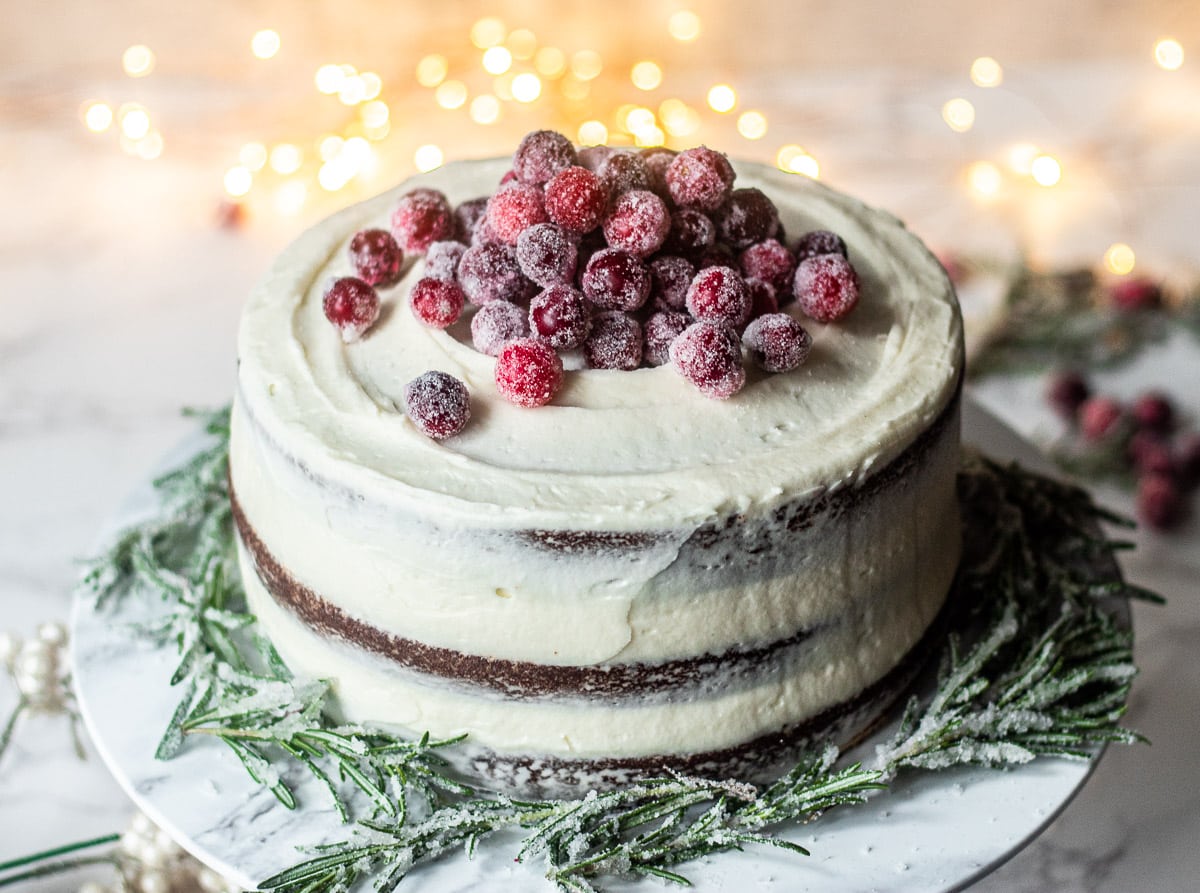 Chocolate spice cake on a serving dish.