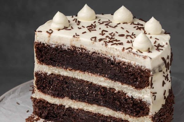 A slice of chocolate cake on a plate.