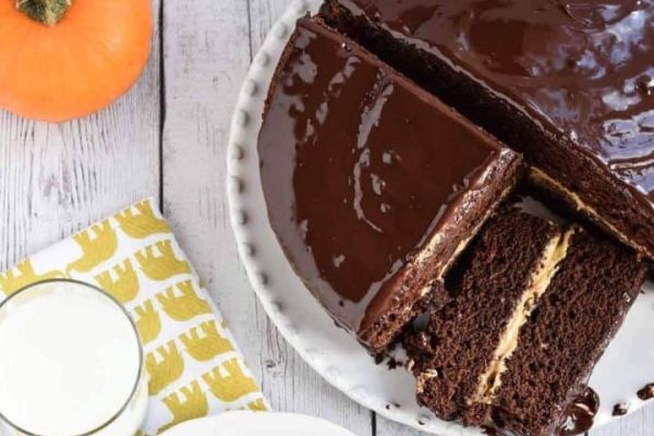 A chocolate pumpkin cake with a slice taken out.