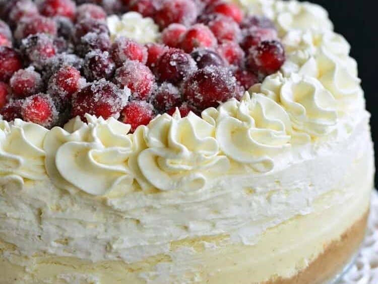 Christmas Cheesecake on a cake dish.