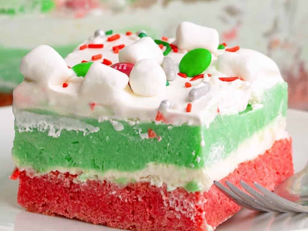 Colorful layers of Christmas Lasagna recipe.