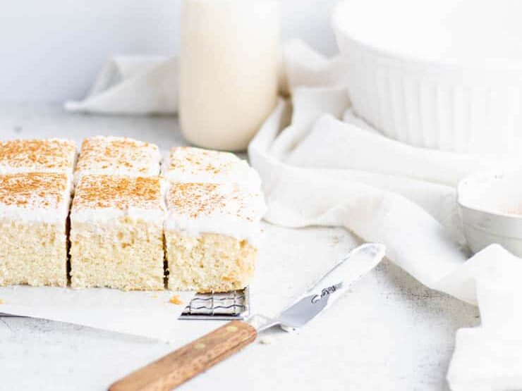 Sliced eggnog tres leches cake.