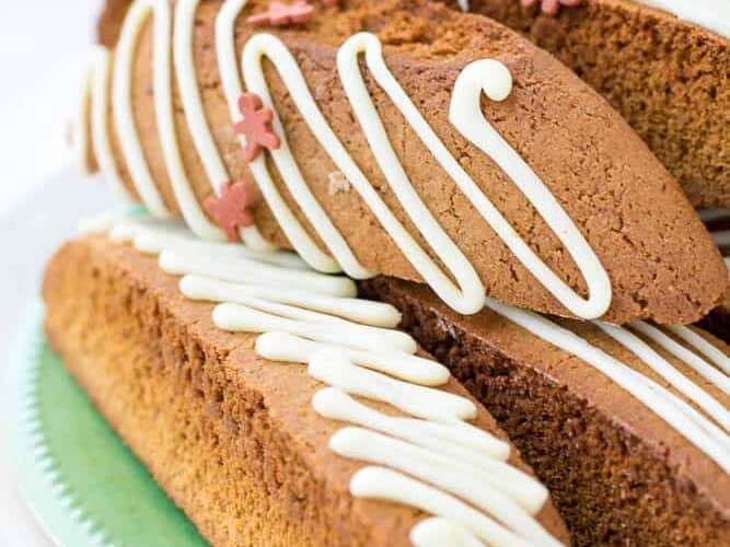 Gingerbread biscotti on a plate.