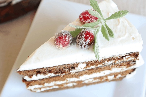 A slice of cake with frosting and cranberries on a plate.