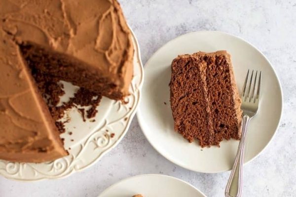 A slice of chocolate cake on a plate with a fork.