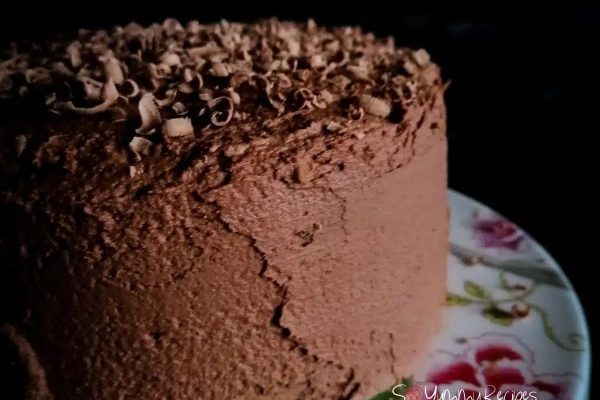 A chocolate cake with chocolate frosting on a plate.