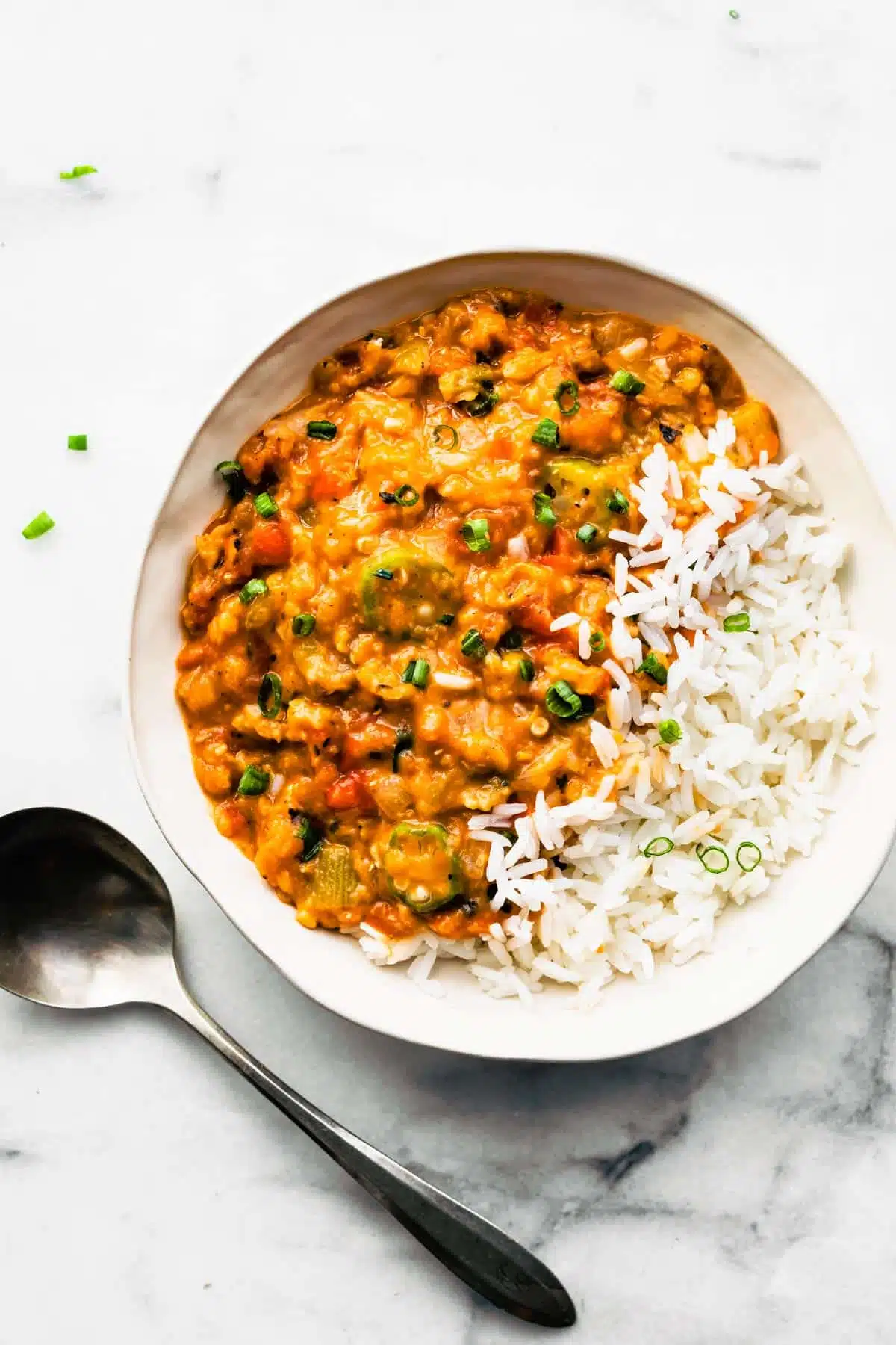 A bowl of rice and curry with a spoon.