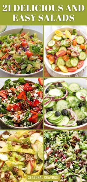 Collage of various salads with the text "21 Delicious and Easy Salads" at the top and "Seasonal Craving" at the bottom. Each salad features a mix of vegetables, fruits, and nuts.