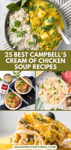 A collage of dishes featuring Campbell's Cream of Chicken Soup with rice, pasta, and vegetables. Text reads "25 Best Campbell's Cream of Chicken Soup Recipes" and "seasonalcravinging.COM.