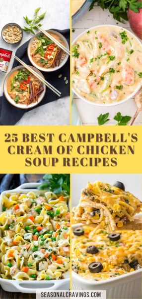 A collage of mouthwatering dishes made with Campbell's Cream of Chicken soup. The text on the image reads, "25 Best Campbell's Cream of Chicken Soup Recipes.