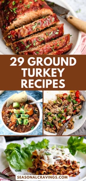 A collage image displaying assorted ground turkey dishes, including a meatloaf, chili, lettuce wraps, and a casserole, with the text "29 Ground Turkey Recipes" in the center.