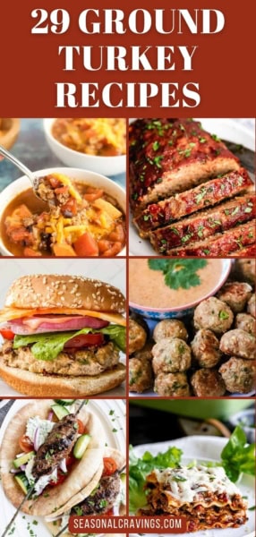 A collage of six ground turkey dishes, including a stew, meatloaf, burger, meatballs, pita wrap, and lasagna, with text reading "29 Ground Turkey Recipes" at the top.