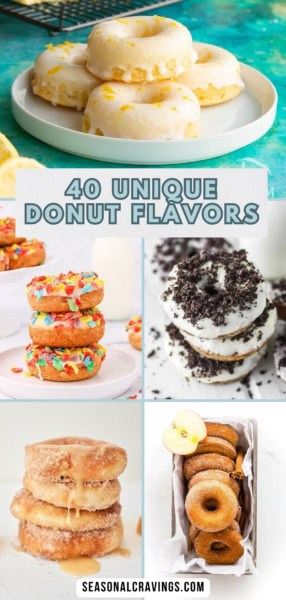 A collage of various unique donuts, featuring flavors such as lemon glaze, Fruity Pebbles, cookies and cream, caramel drizzle, and apple cinnamon. Text reads "40 Unique Donut Flavors" showcasing an array of unique donut flavors.