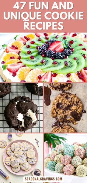 A collage of various cookies and a fruit-topped dessert with the text "47 Fun and Unique Cookie Recipes" and "Seasonal Craving" featured on and around the images, highlighting the array of unique cookie recipes awaiting your culinary exploration.