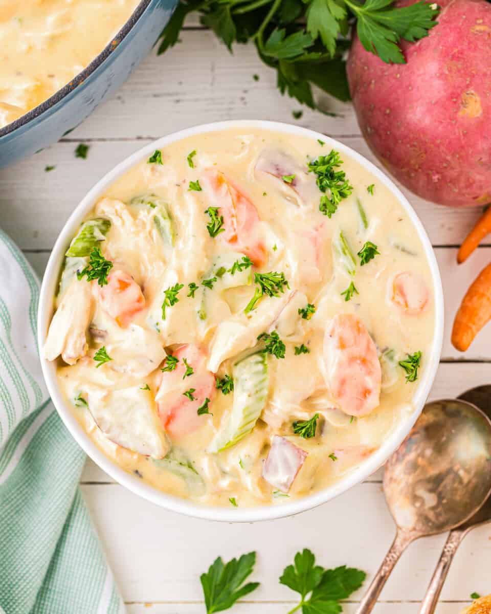 a bowl of creamy chicken stew with carrots and potatoes. 
