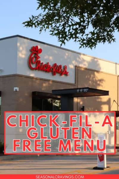 Exterior view of a Chick-fil-A restaurant with a sign reading "Chick-fil-A Gluten Free Menu" prominently displayed in the image.