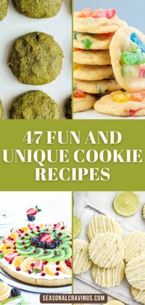 A collage image showcasing various unique cookie recipes, including green cookies, colorful candy-topped cookies, fruit-topped cookies, and drizzled lime cookies with the text "47 Fun and Unique Cookie Recipes".