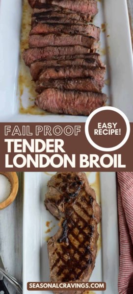 Two images of cooked London Broil steak: one sliced into pieces and the other whole. Text reads "Fail Proof Tender London Broil" and "Easy Recipe!" on a white background. Discover the secrets to perfect, tender grilled London Broil every time!