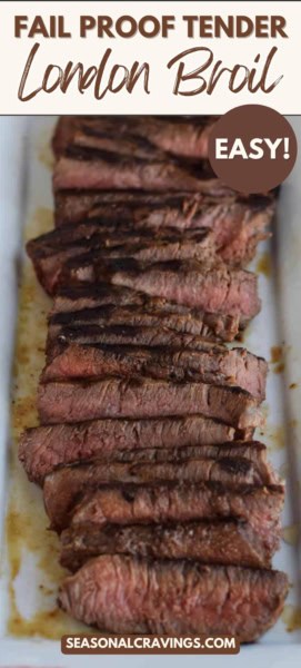 Grilled and sliced tender London broil steak served on a white rectangular platter. Text overlay reads "FAIL PROOF TENDER London Broil EASY!" and "seasonalcravinging.COM".