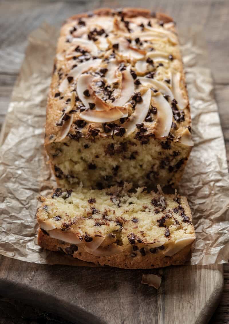 Coconut and chocolate chips make a moist and delicious loaf cake. 
