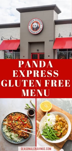 Panda Express restaurant exterior with red accents above an advertisement for their gluten-free menu, featuring two dishes with rice, vegetables, and meats. Text reads: "Panda Express Gluten Free Menu.