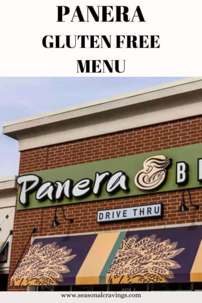 Exterior of a Panera Bread restaurant with a "drive-thru" sign, featuring an announcement for a gluten-free menu on their website.