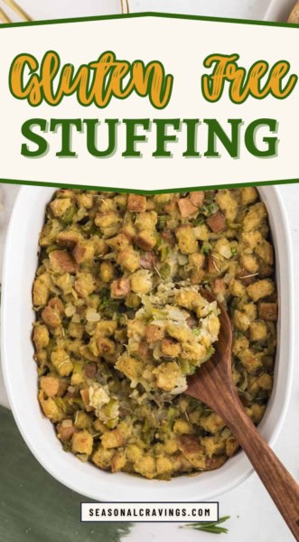 A baking dish filled with warm gluten-free stuffing, accompanied by a wooden spoon. The dish is labeled "Gluten Free Stuffing" at the top and "Seasonal Craving" at the bottom.