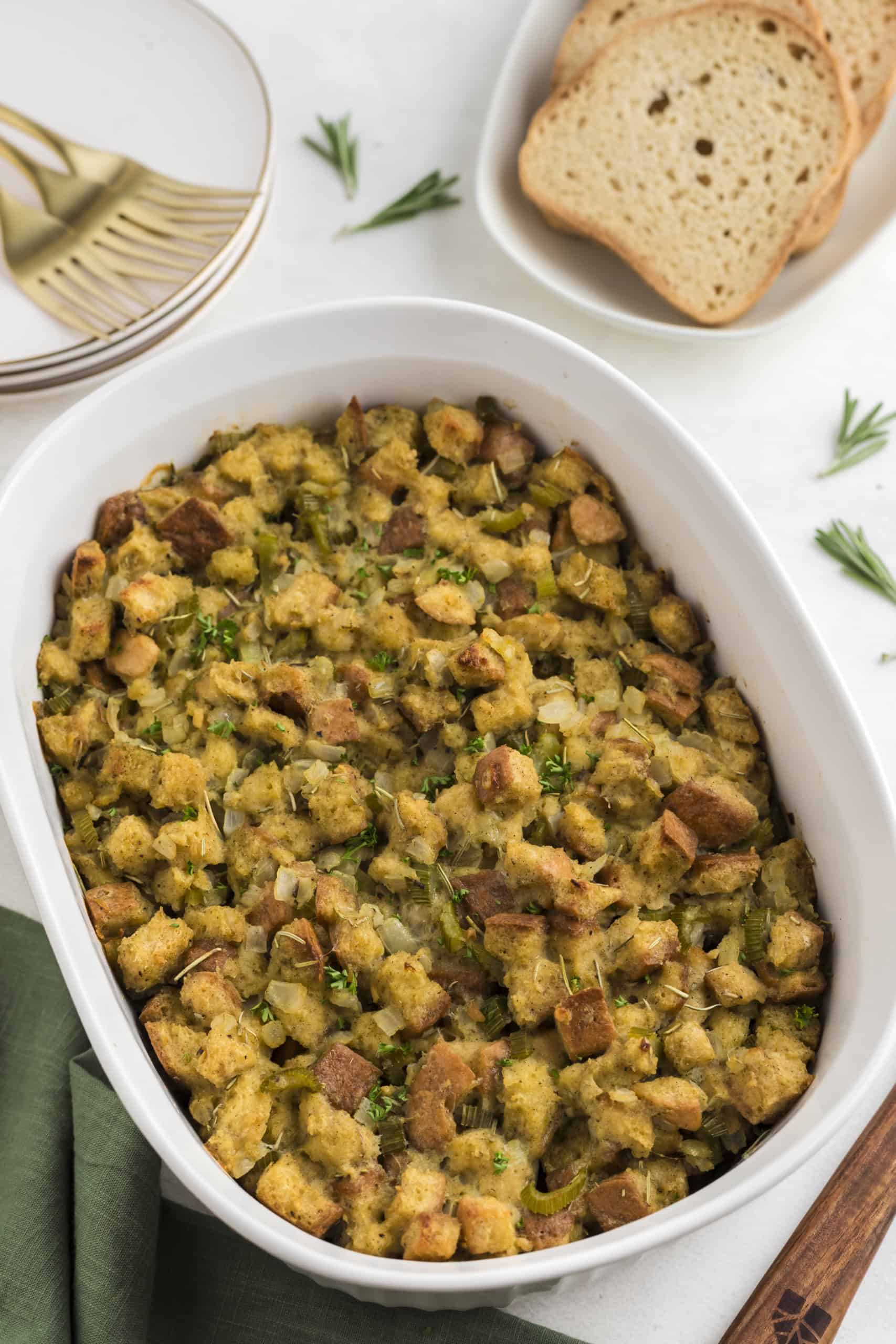 a casserole dish with bread and stuffing