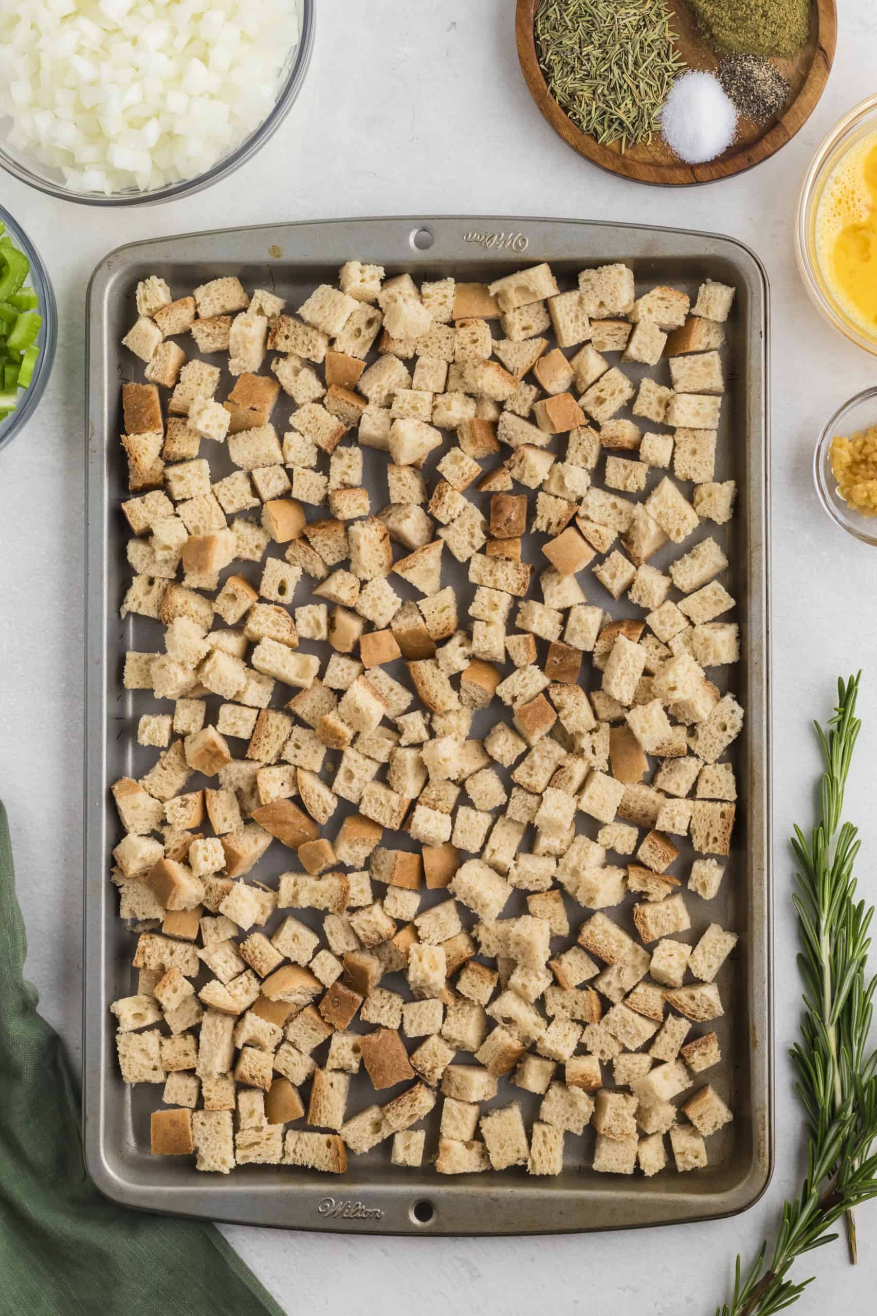 a tray of croutons on a table